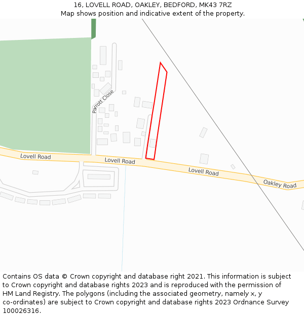 16, LOVELL ROAD, OAKLEY, BEDFORD, MK43 7RZ: Location map and indicative extent of plot