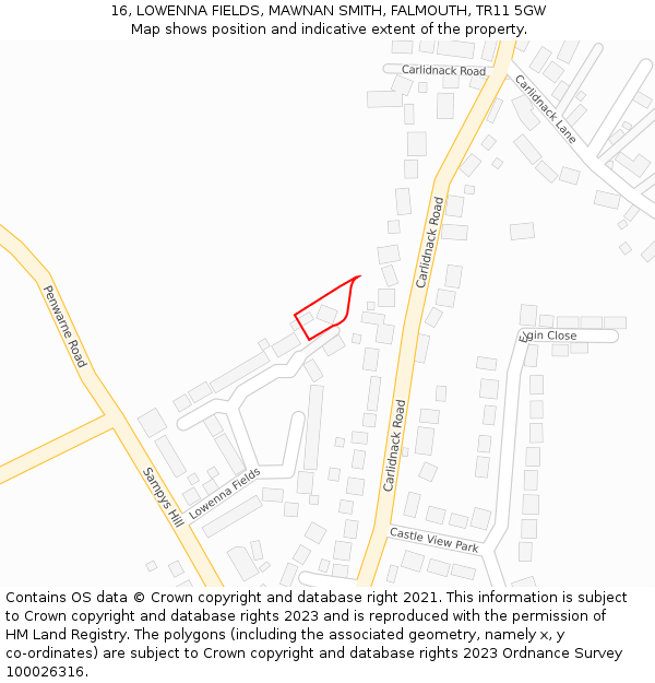 16, LOWENNA FIELDS, MAWNAN SMITH, FALMOUTH, TR11 5GW: Location map and indicative extent of plot