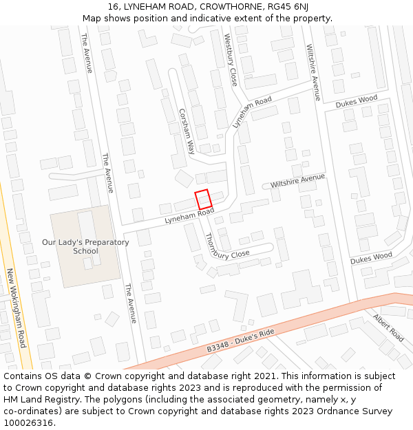 16, LYNEHAM ROAD, CROWTHORNE, RG45 6NJ: Location map and indicative extent of plot