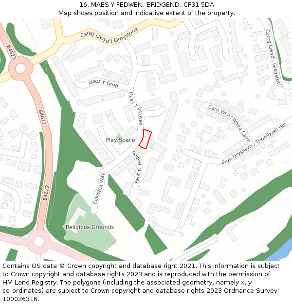 16, MAES Y FEDWEN, BRIDGEND, CF31 5DA: Location map and indicative extent of plot