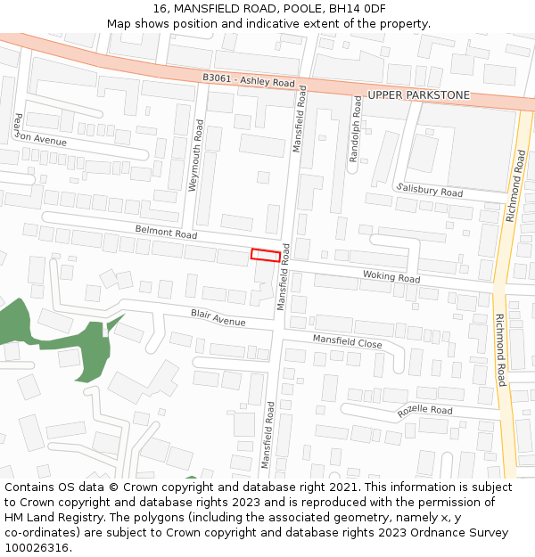 16, MANSFIELD ROAD, POOLE, BH14 0DF: Location map and indicative extent of plot