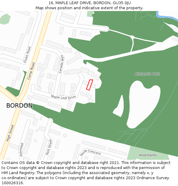 16, MAPLE LEAF DRIVE, BORDON, GU35 0JU: Location map and indicative extent of plot