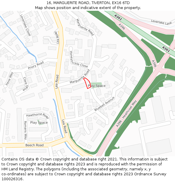 16, MARGUERITE ROAD, TIVERTON, EX16 6TD: Location map and indicative extent of plot