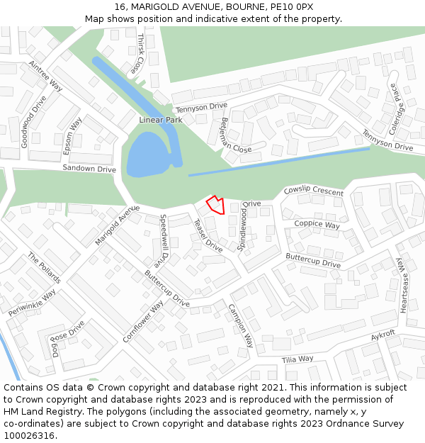 16, MARIGOLD AVENUE, BOURNE, PE10 0PX: Location map and indicative extent of plot