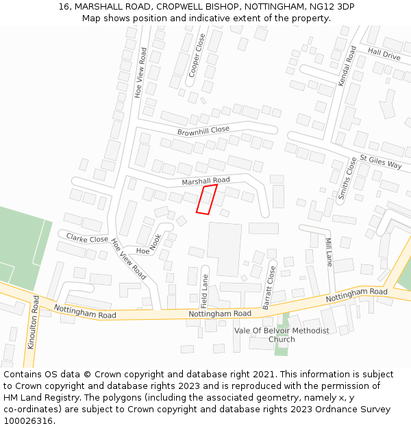 16, MARSHALL ROAD, CROPWELL BISHOP, NOTTINGHAM, NG12 3DP: Location map and indicative extent of plot