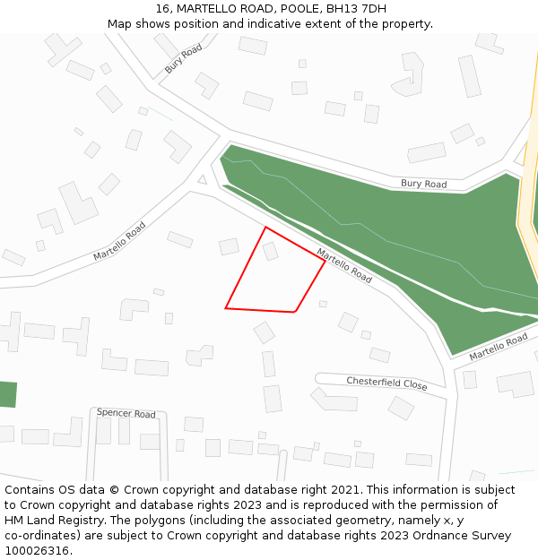 16, MARTELLO ROAD, POOLE, BH13 7DH: Location map and indicative extent of plot
