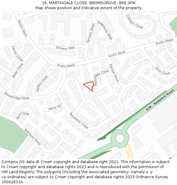 16, MARTINGALE CLOSE, BROMSGROVE, B60 3PW: Location map and indicative extent of plot