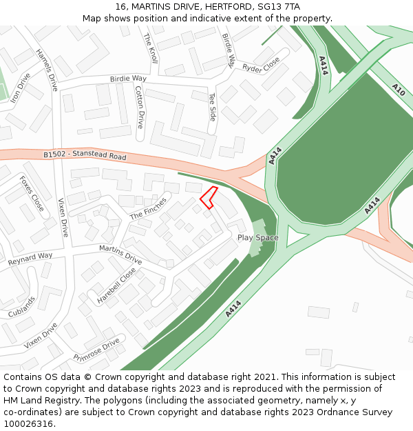 16, MARTINS DRIVE, HERTFORD, SG13 7TA: Location map and indicative extent of plot