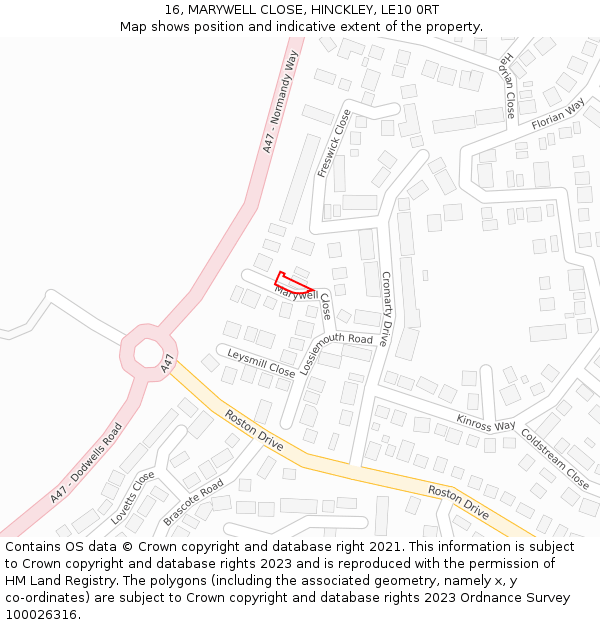 16, MARYWELL CLOSE, HINCKLEY, LE10 0RT: Location map and indicative extent of plot