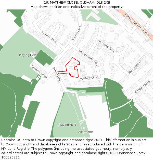 16, MATTHEW CLOSE, OLDHAM, OL8 2XB: Location map and indicative extent of plot