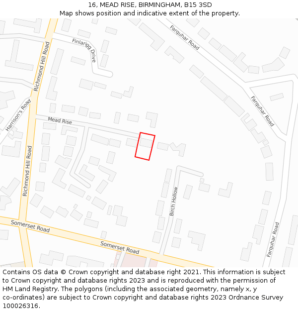 16, MEAD RISE, BIRMINGHAM, B15 3SD: Location map and indicative extent of plot