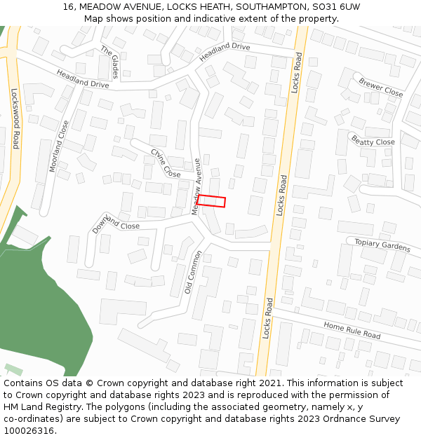 16, MEADOW AVENUE, LOCKS HEATH, SOUTHAMPTON, SO31 6UW: Location map and indicative extent of plot