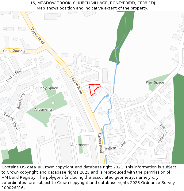 16, MEADOW BROOK, CHURCH VILLAGE, PONTYPRIDD, CF38 1DJ: Location map and indicative extent of plot