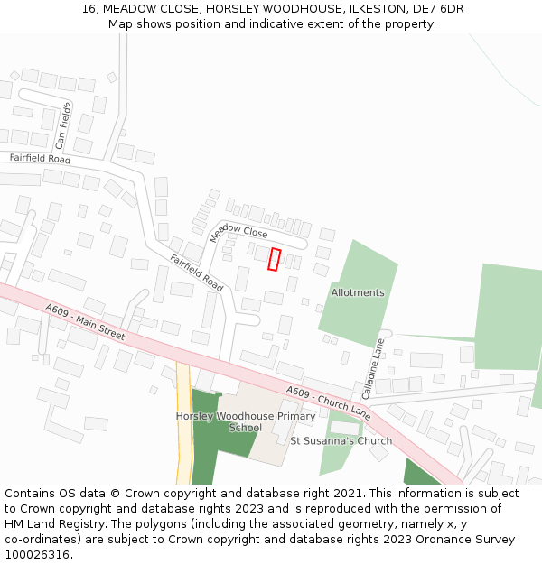 16, MEADOW CLOSE, HORSLEY WOODHOUSE, ILKESTON, DE7 6DR: Location map and indicative extent of plot