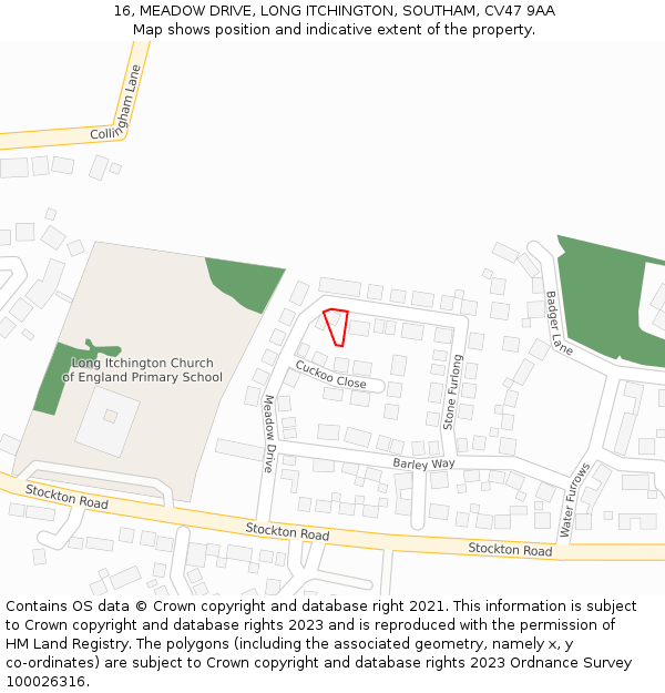 16, MEADOW DRIVE, LONG ITCHINGTON, SOUTHAM, CV47 9AA: Location map and indicative extent of plot