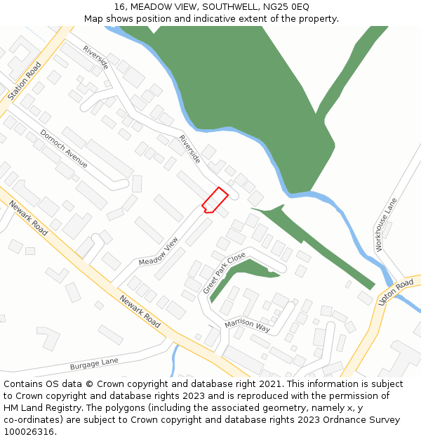 16, MEADOW VIEW, SOUTHWELL, NG25 0EQ: Location map and indicative extent of plot