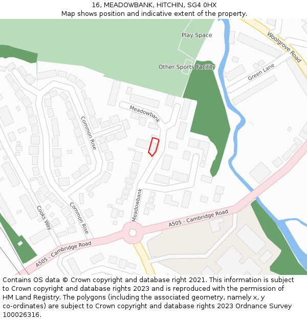 16, MEADOWBANK, HITCHIN, SG4 0HX: Location map and indicative extent of plot