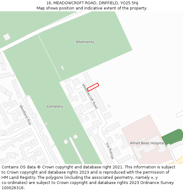 16, MEADOWCROFT ROAD, DRIFFIELD, YO25 5NJ: Location map and indicative extent of plot