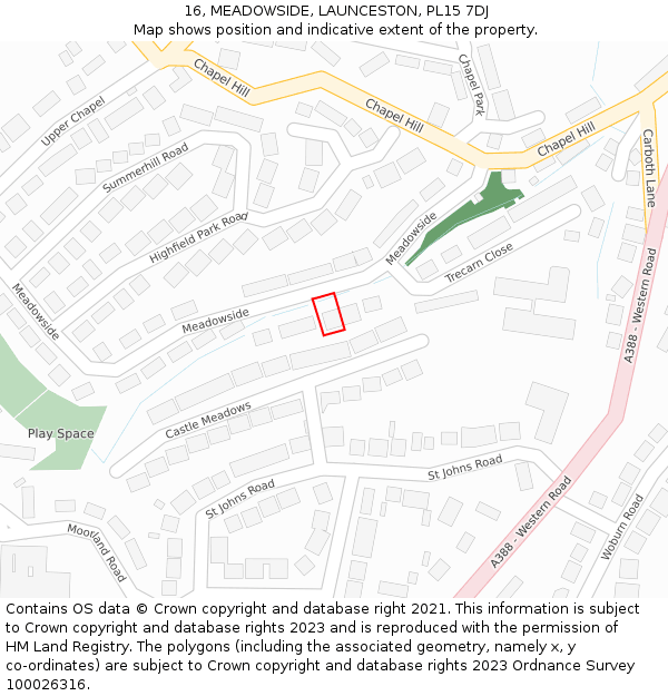 16, MEADOWSIDE, LAUNCESTON, PL15 7DJ: Location map and indicative extent of plot