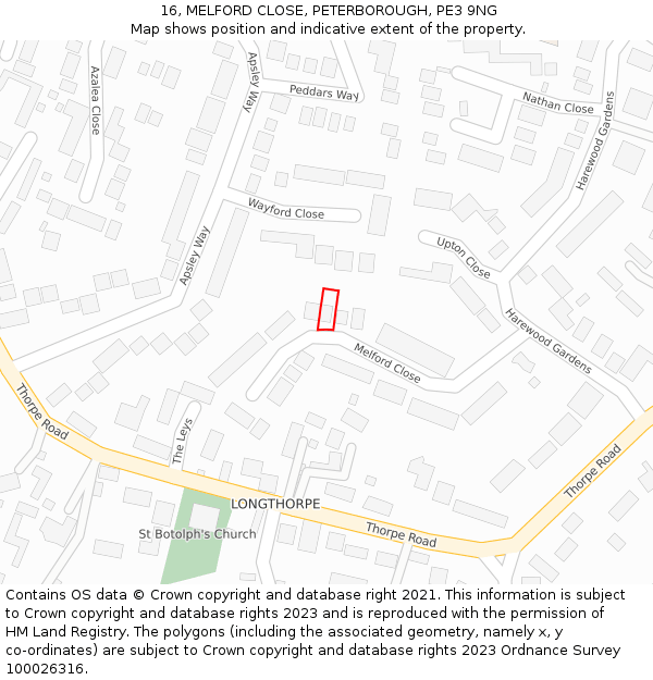 16, MELFORD CLOSE, PETERBOROUGH, PE3 9NG: Location map and indicative extent of plot