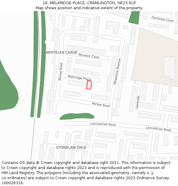 16, MELKRIDGE PLACE, CRAMLINGTON, NE23 6UF: Location map and indicative extent of plot