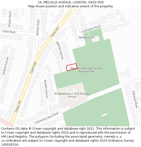 16, MELVILLE AVENUE, LONDON, SW20 0NS: Location map and indicative extent of plot