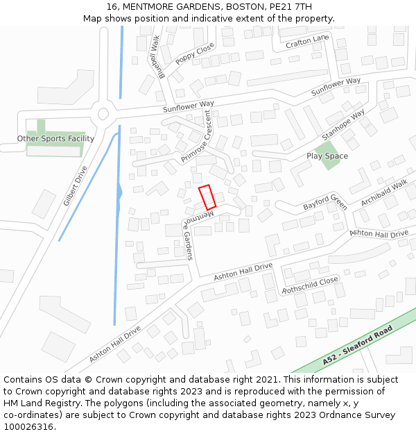 16, MENTMORE GARDENS, BOSTON, PE21 7TH: Location map and indicative extent of plot