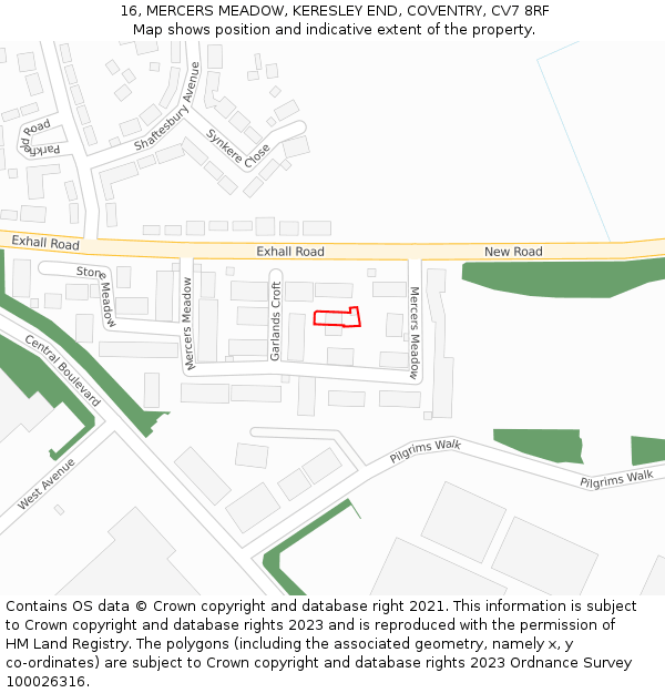 16, MERCERS MEADOW, KERESLEY END, COVENTRY, CV7 8RF: Location map and indicative extent of plot