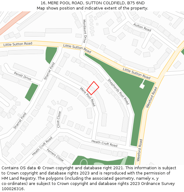 16, MERE POOL ROAD, SUTTON COLDFIELD, B75 6ND: Location map and indicative extent of plot