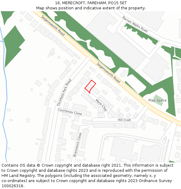 16, MERECROFT, FAREHAM, PO15 5ET: Location map and indicative extent of plot