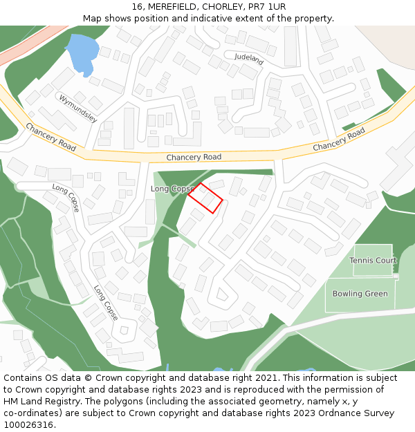 16, MEREFIELD, CHORLEY, PR7 1UR: Location map and indicative extent of plot