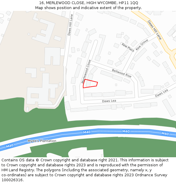 16, MERLEWOOD CLOSE, HIGH WYCOMBE, HP11 1QQ: Location map and indicative extent of plot