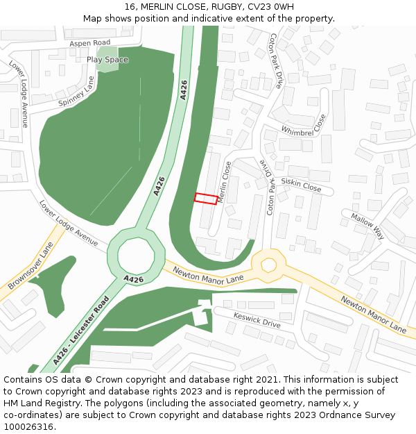 16, MERLIN CLOSE, RUGBY, CV23 0WH: Location map and indicative extent of plot