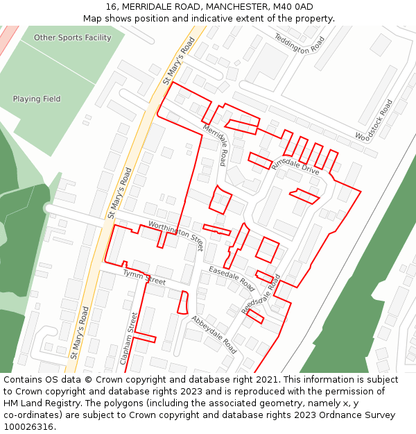 16, MERRIDALE ROAD, MANCHESTER, M40 0AD: Location map and indicative extent of plot