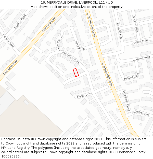 16, MERRYDALE DRIVE, LIVERPOOL, L11 4UD: Location map and indicative extent of plot