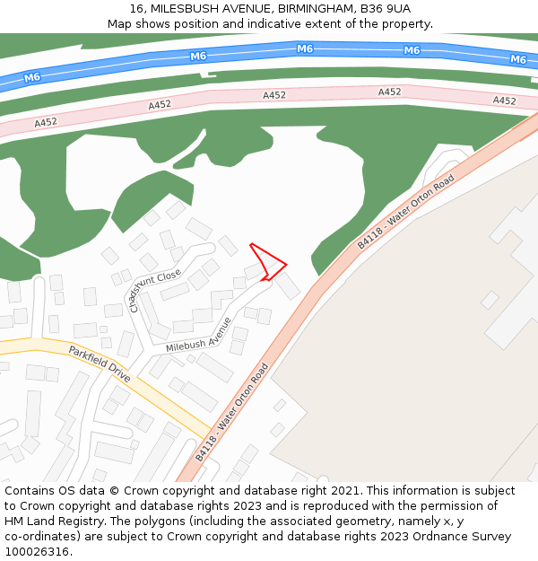 16, MILESBUSH AVENUE, BIRMINGHAM, B36 9UA: Location map and indicative extent of plot
