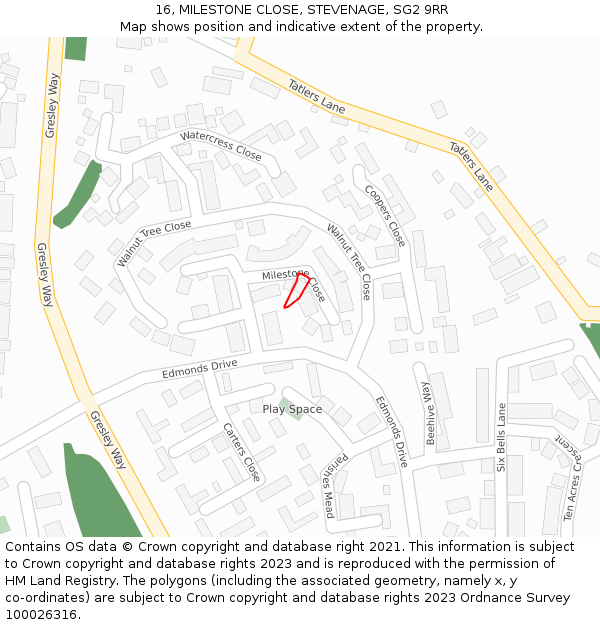 16, MILESTONE CLOSE, STEVENAGE, SG2 9RR: Location map and indicative extent of plot