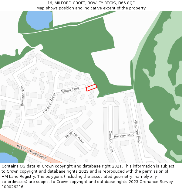 16, MILFORD CROFT, ROWLEY REGIS, B65 8QD: Location map and indicative extent of plot