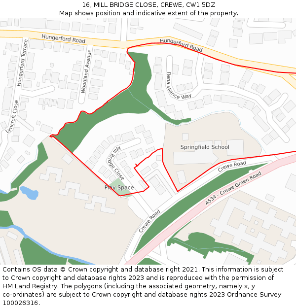 16, MILL BRIDGE CLOSE, CREWE, CW1 5DZ: Location map and indicative extent of plot