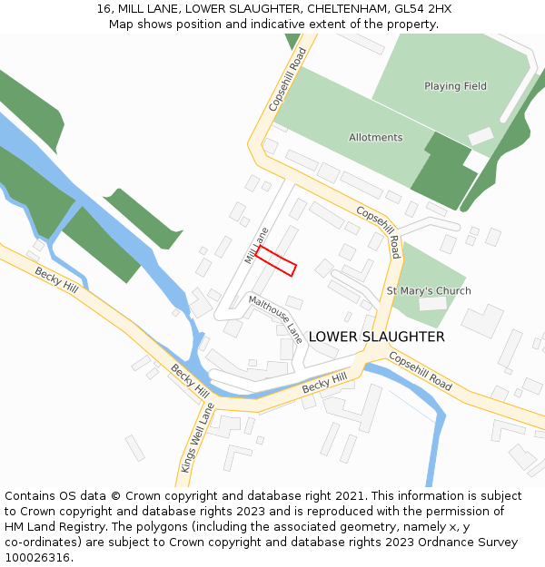 16, MILL LANE, LOWER SLAUGHTER, CHELTENHAM, GL54 2HX: Location map and indicative extent of plot