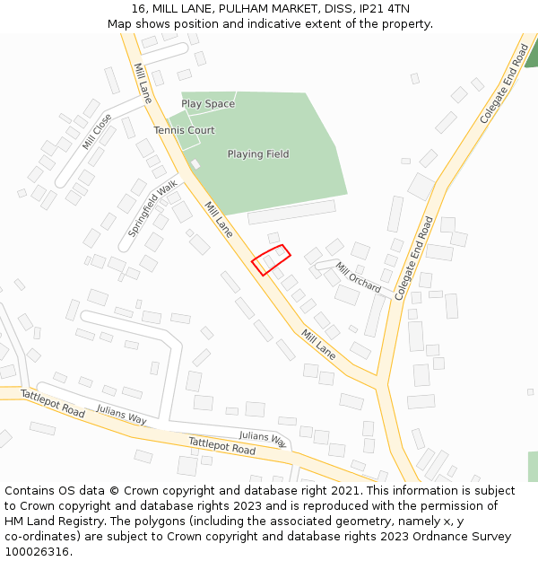 16, MILL LANE, PULHAM MARKET, DISS, IP21 4TN: Location map and indicative extent of plot
