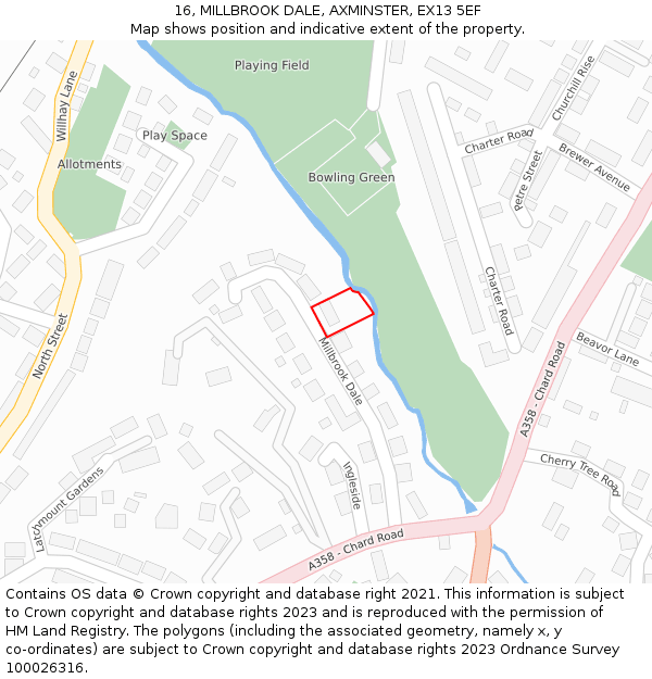 16, MILLBROOK DALE, AXMINSTER, EX13 5EF: Location map and indicative extent of plot