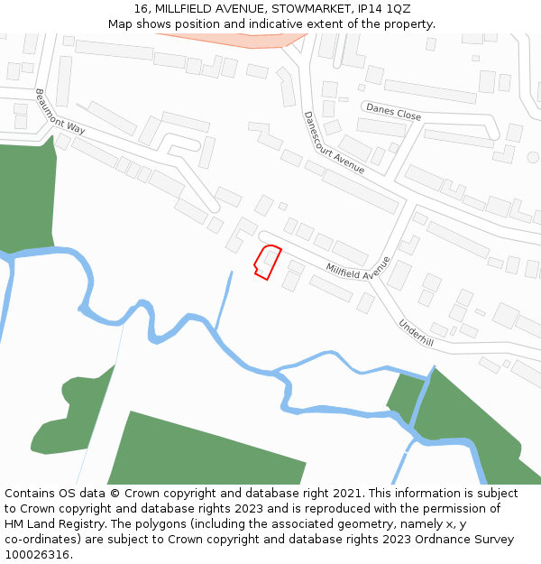 16, MILLFIELD AVENUE, STOWMARKET, IP14 1QZ: Location map and indicative extent of plot