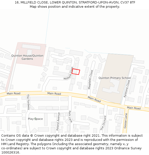 16, MILLFIELD CLOSE, LOWER QUINTON, STRATFORD-UPON-AVON, CV37 8TF: Location map and indicative extent of plot