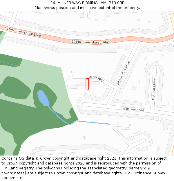 16, MILNER WAY, BIRMINGHAM, B13 0BB: Location map and indicative extent of plot
