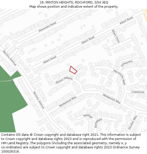 16, MINTON HEIGHTS, ROCHFORD, SS4 3EQ: Location map and indicative extent of plot