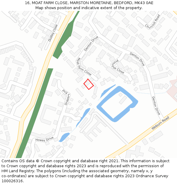 16, MOAT FARM CLOSE, MARSTON MORETAINE, BEDFORD, MK43 0AE: Location map and indicative extent of plot