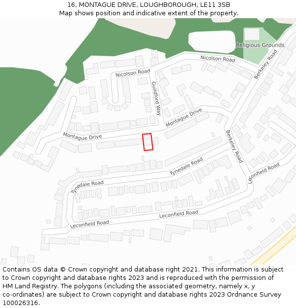 16, MONTAGUE DRIVE, LOUGHBOROUGH, LE11 3SB: Location map and indicative extent of plot