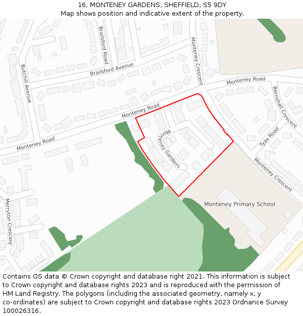 16, MONTENEY GARDENS, SHEFFIELD, S5 9DY: Location map and indicative extent of plot