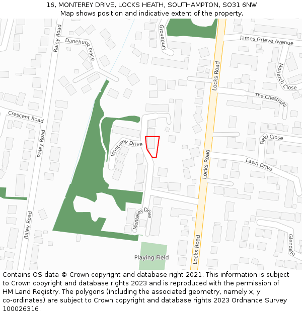 16, MONTEREY DRIVE, LOCKS HEATH, SOUTHAMPTON, SO31 6NW: Location map and indicative extent of plot